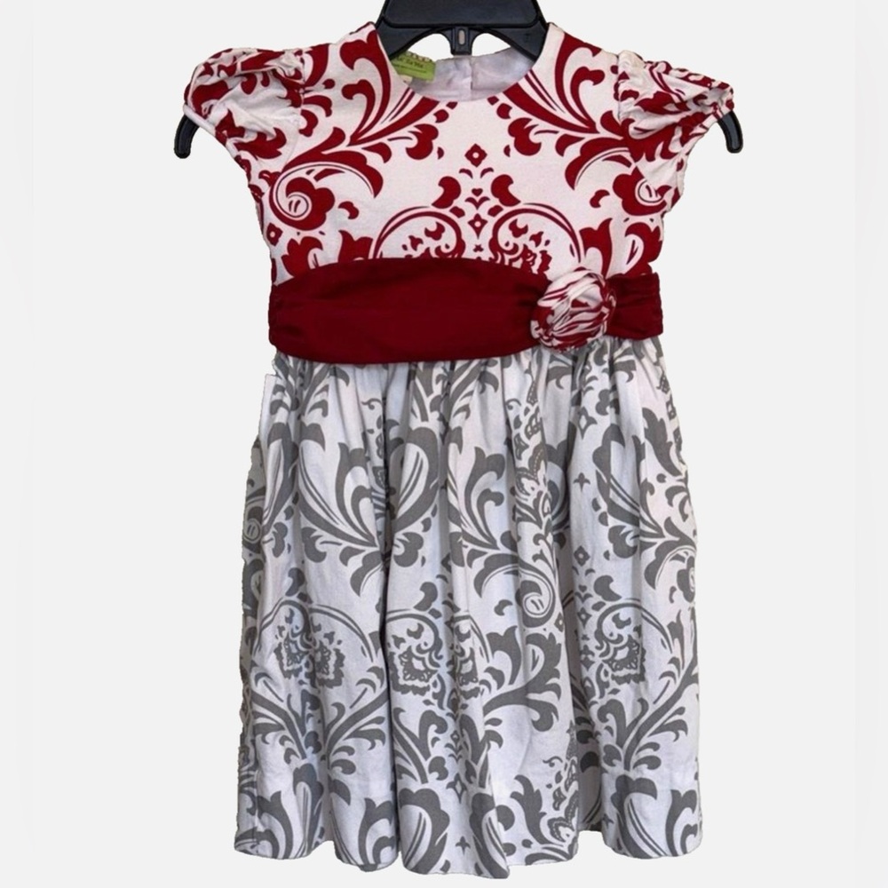 Le Za Me Girls Red Gray Damask Christmas Holiday Party Dress Size 6